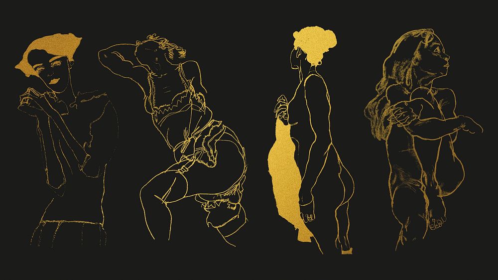 Golden woman line drawing collection remixed from the artworks of Egon Schiele.