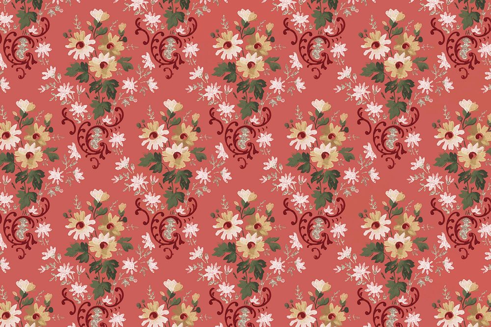 Vintage red blooming flowers vector pattern background