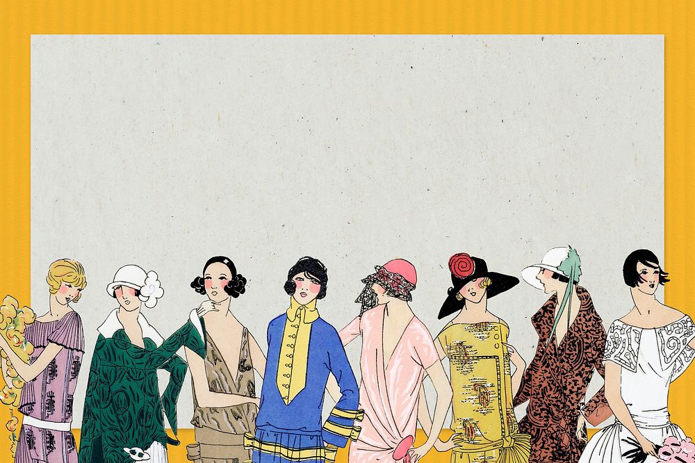 Yellow frame featuring women fashion from 1920s, remixed from vintage illustration published in Tr&egrave;s Parisien
