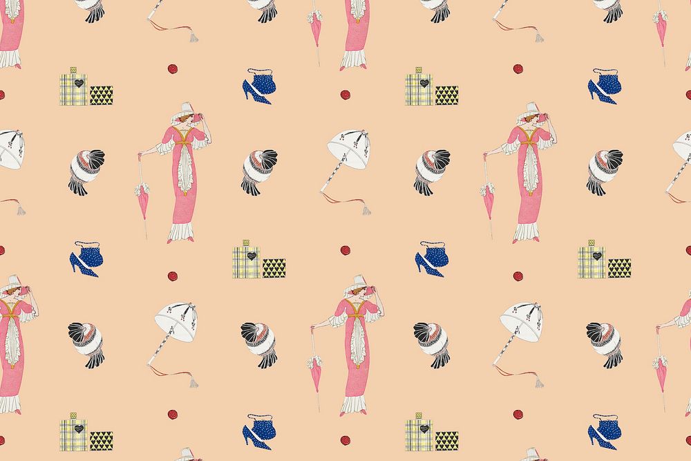 Pattern background  featuring vintage flapper and beauty items, remixed from public domain artworks