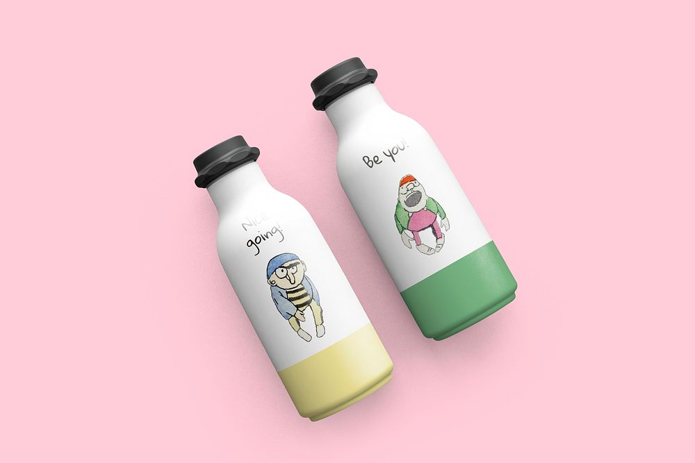 Bottles with character illustration remix from the artworks by Charles Martin