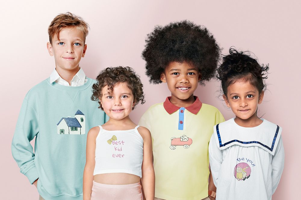 Children wearing clothes with cartoon illustration remix from the artworks by Charles Martin