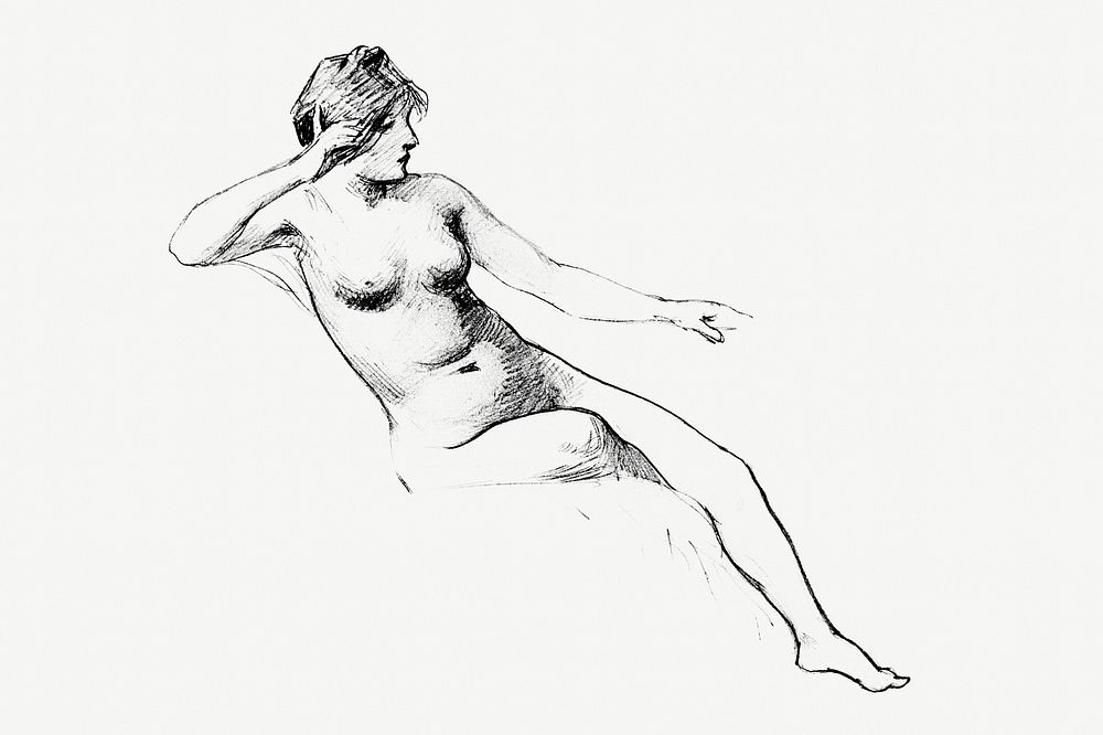 Naked woman showing her breasts, vintage erotic art. Nude woman posing vintage sensual hand drawn illustration