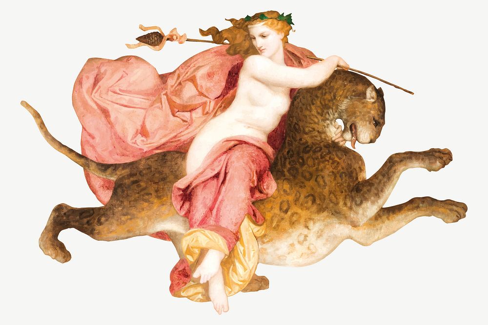 Bacchante on a panther vector illustration, remix from artworks by William Adolphe Bouguereau