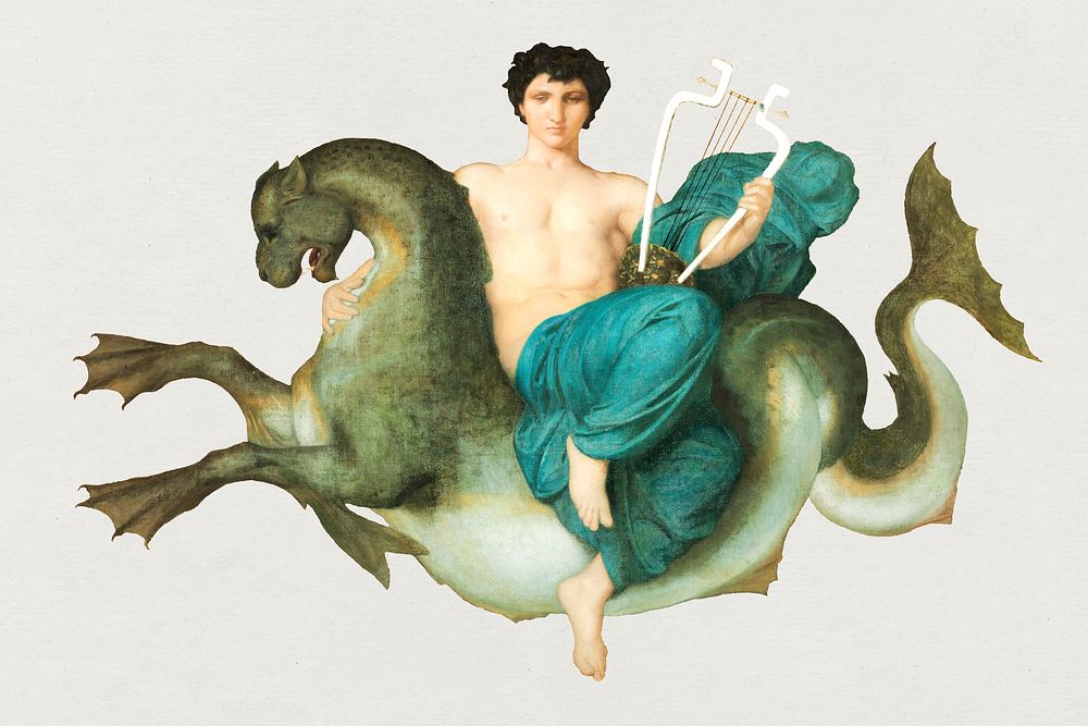 Arion on a sea horse illustration, remix from artworks by William Adolphe Bouguereau