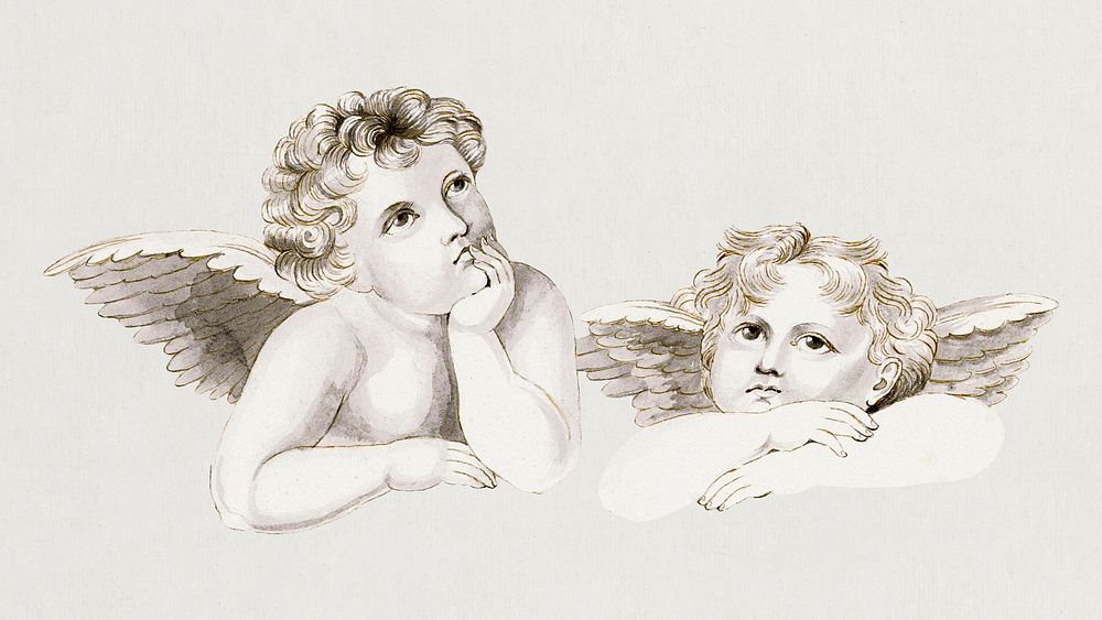 Vintage two cherubs illustration, remix from artworks by Jonkvrouw Elisabeth Kemper
