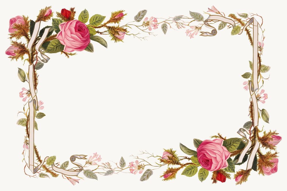 Vintage pink roses border frame illustration, remix from artworks by L. Prang & Co.