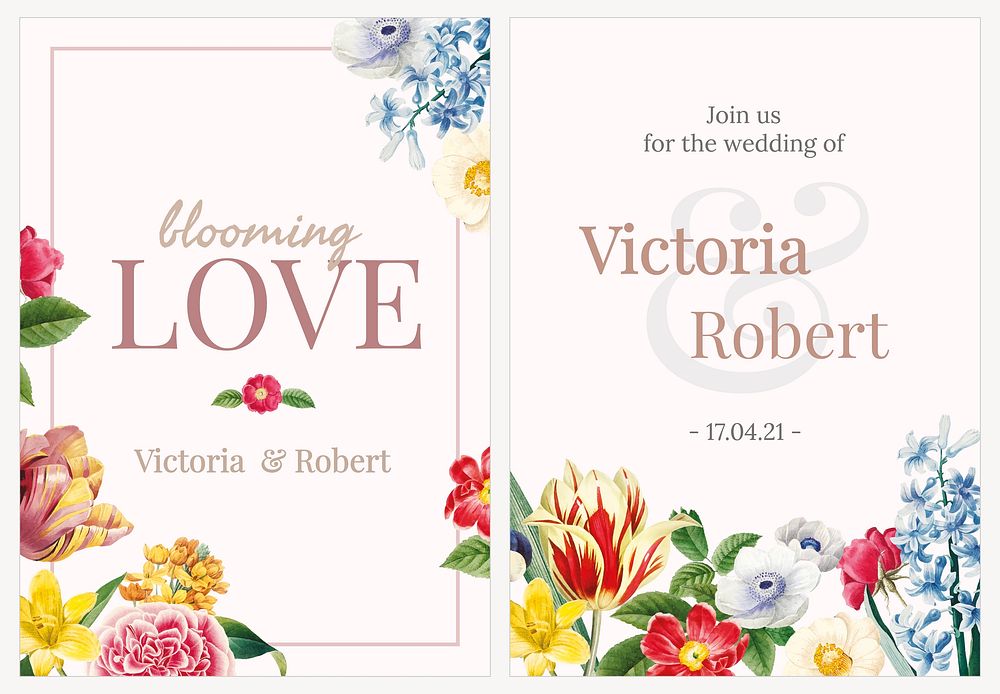 Wedding invitation card template vector floral style set
