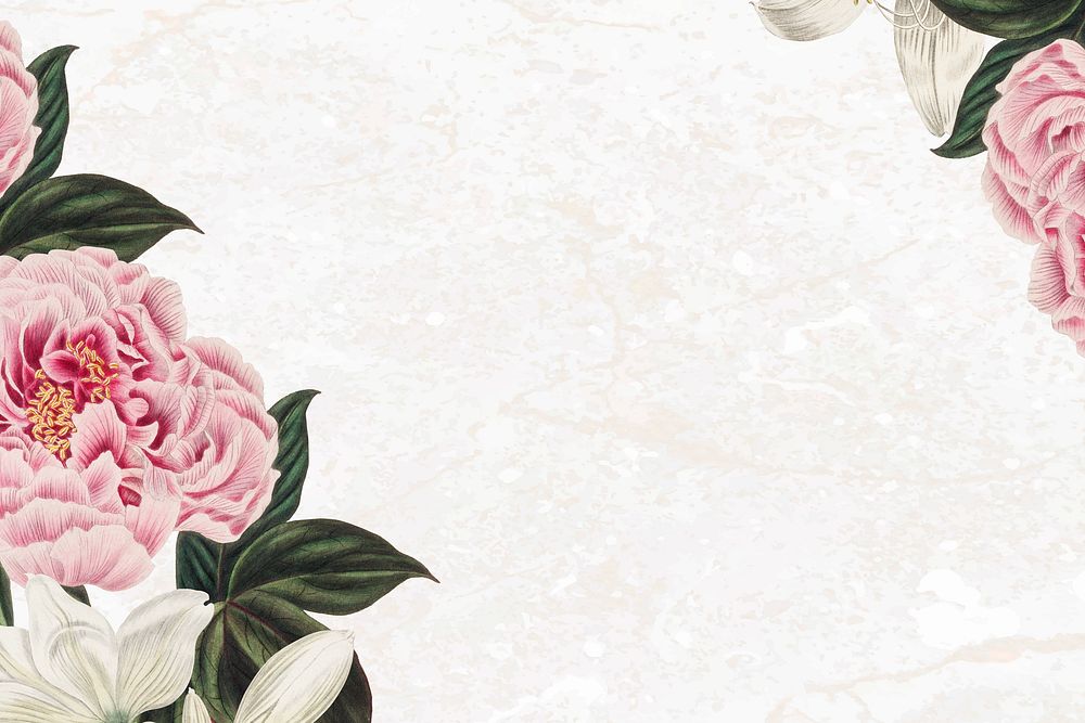 Vintage pink peony flower frame on white marble background design element