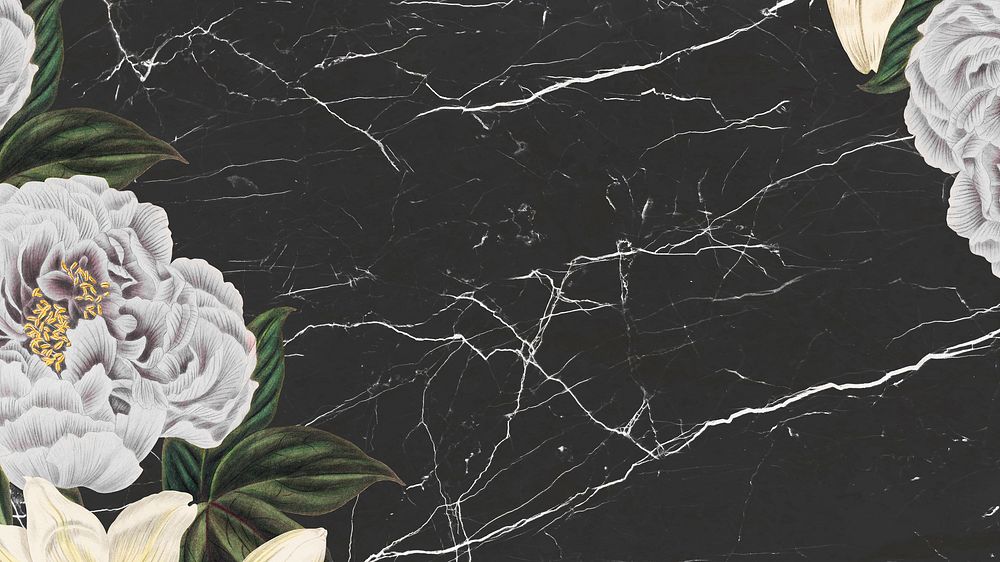 Vintage white peony flower frame on black marble background design element