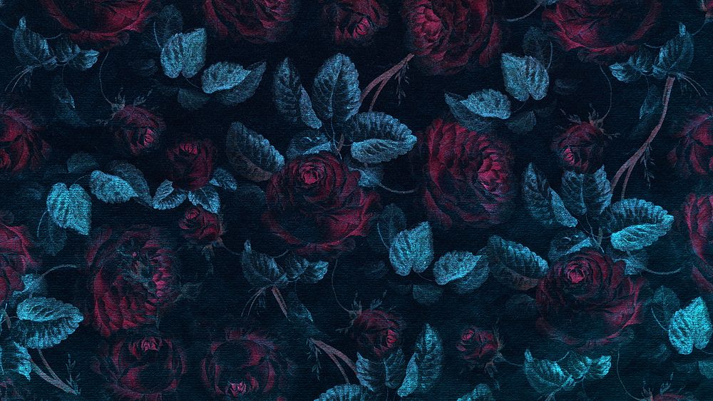 Vintage dark red rose flower with blue leaf pattern background design resource