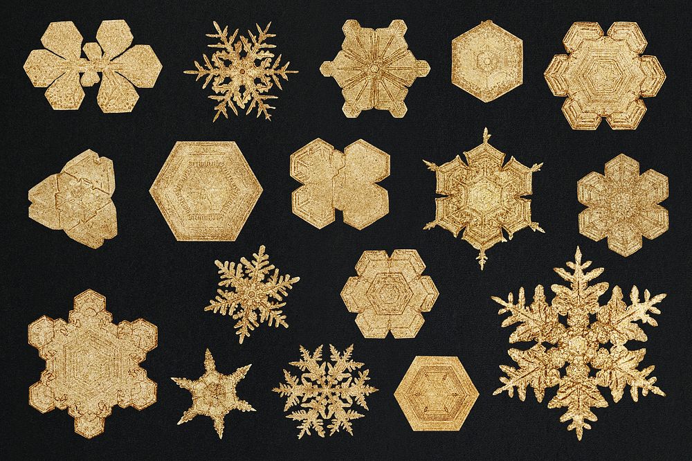 Season&rsquo;s greetings gold snowflake Christmas ornament set macro photography, remix of photography by Wilson Bentley