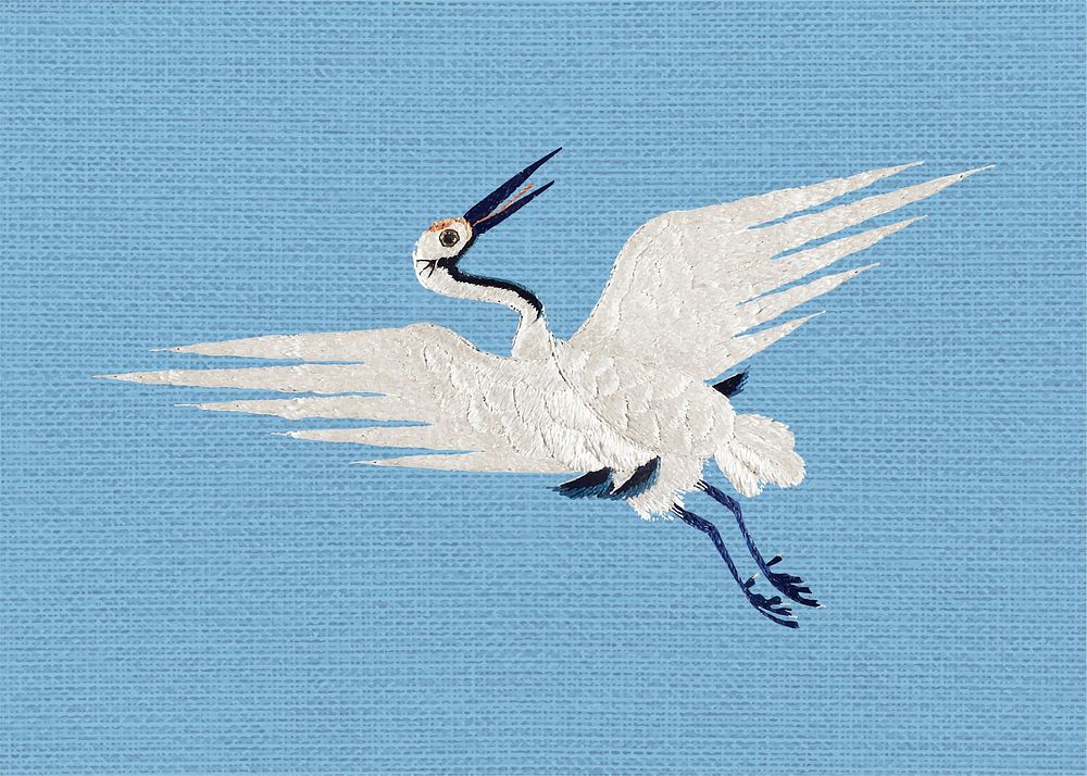 Vintage flying crane vector embroidered clothing, featuring public domain artworks