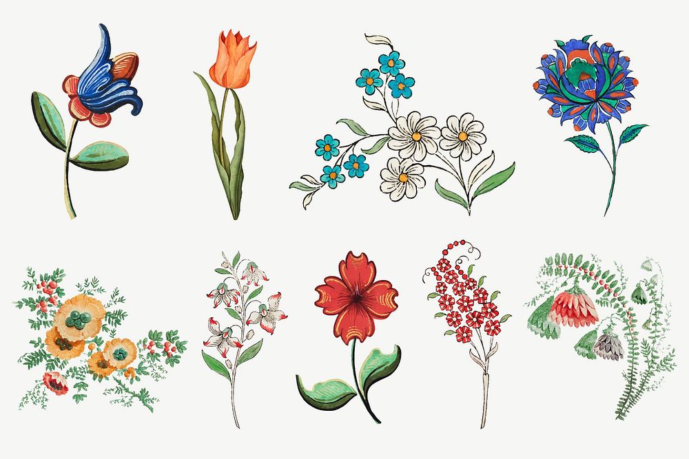 Vintage flower illustration vector set, featuring public domain artworks