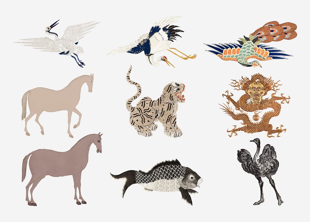 Vintage animal embroidery and illustration vector set, featuring public domain artworks