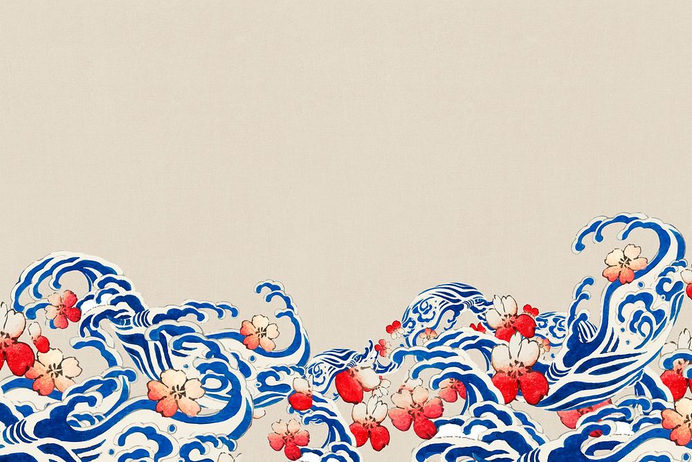 Japanese wave with sakura psd border , remix of artwork by Watanabe Seitei