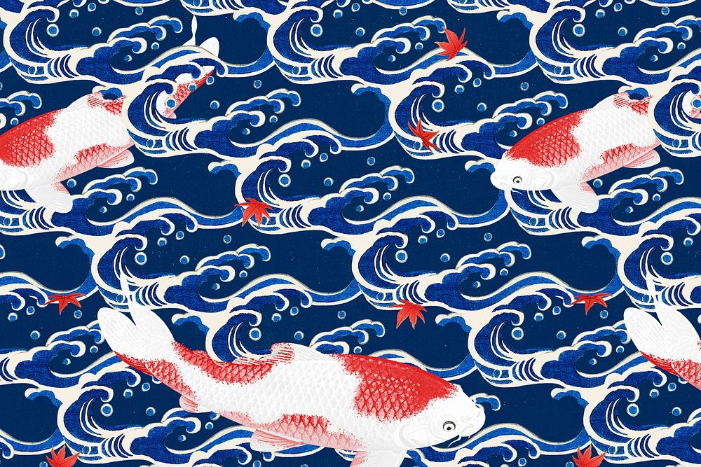 Traditional Japanese koi fish pattern, remix of artwork by Watanabe Seitei