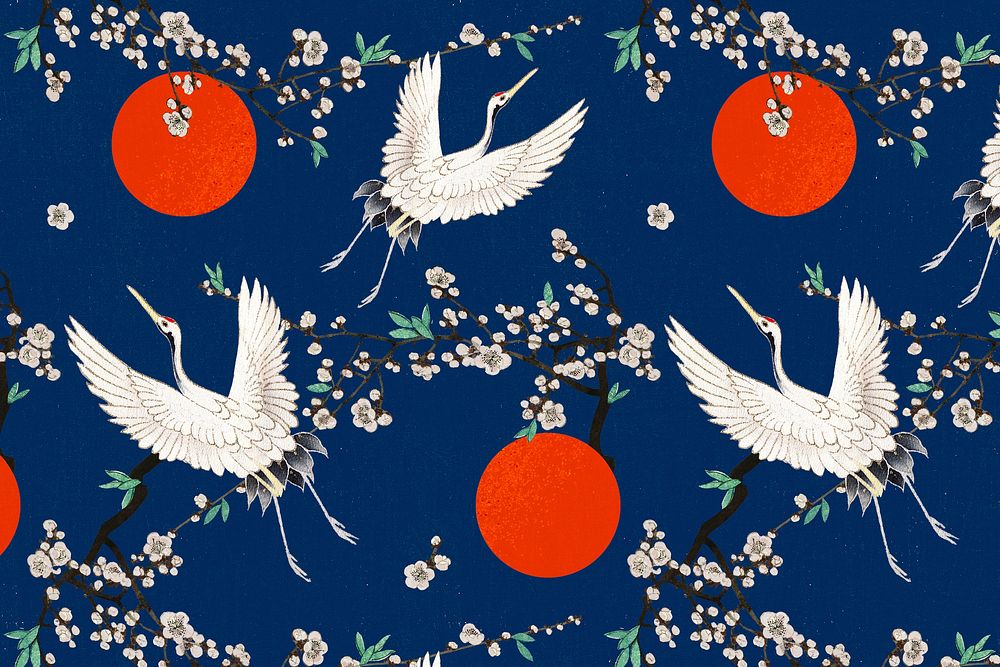 Traditional Japanese crane with plum blossom pattern, remix of artwork by Watanabe Seitei