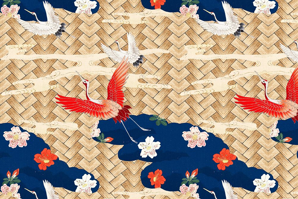 Traditional Japanese bamboo weave with crane pattern, remix of artwork by Watanabe Seitei