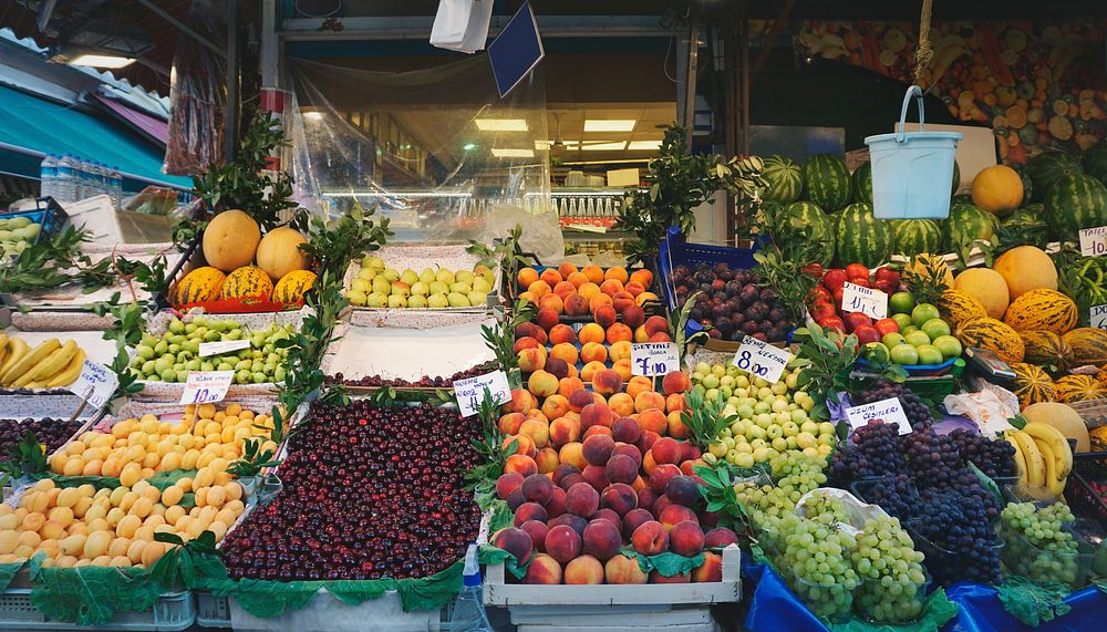 Fresh healthy mixed fruits stall in Istanbul, Turkey