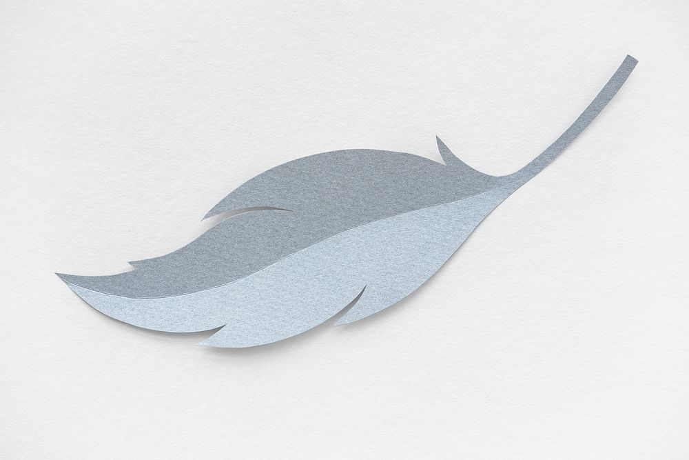Gray paper craft feather on black background