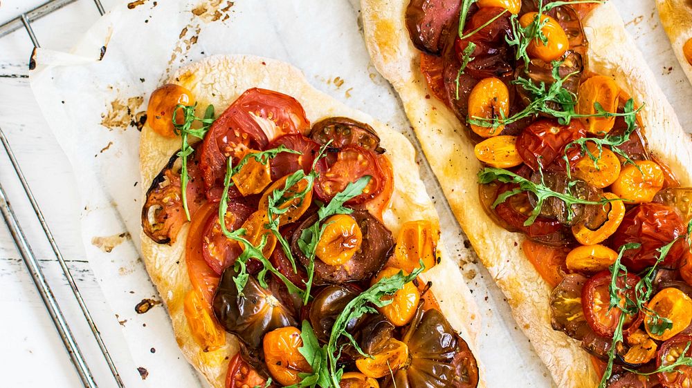 Homemade mixed tomatoes flatbread menu