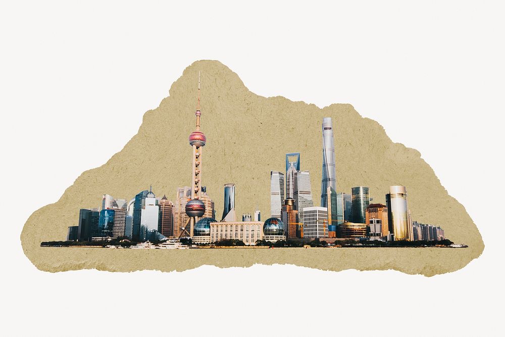 Shanghai skyline, torn beige paper badge