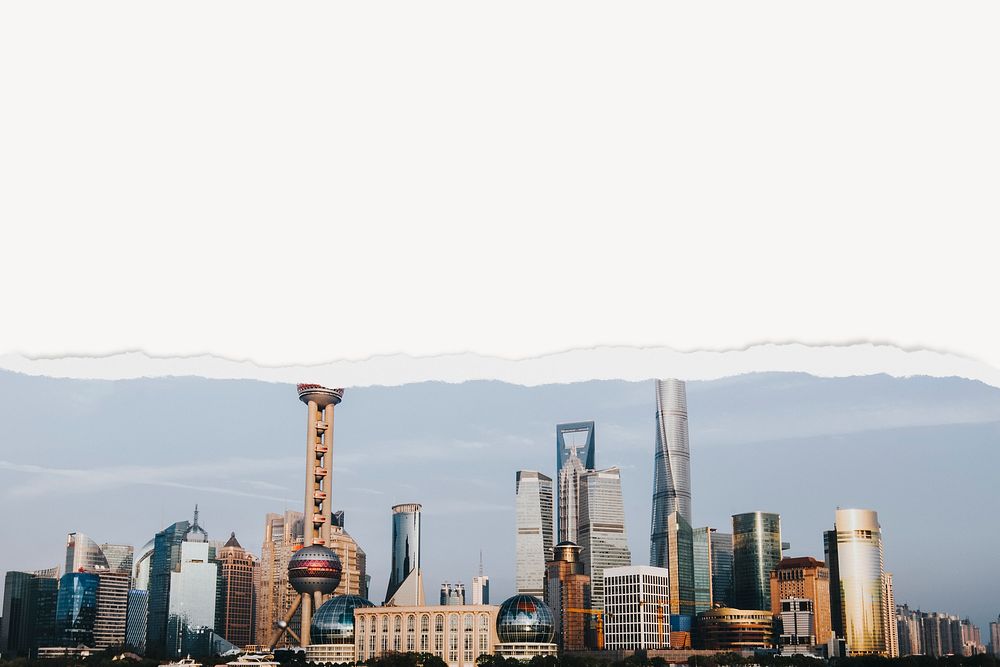 Shanghai city skyline background, ripped paper border