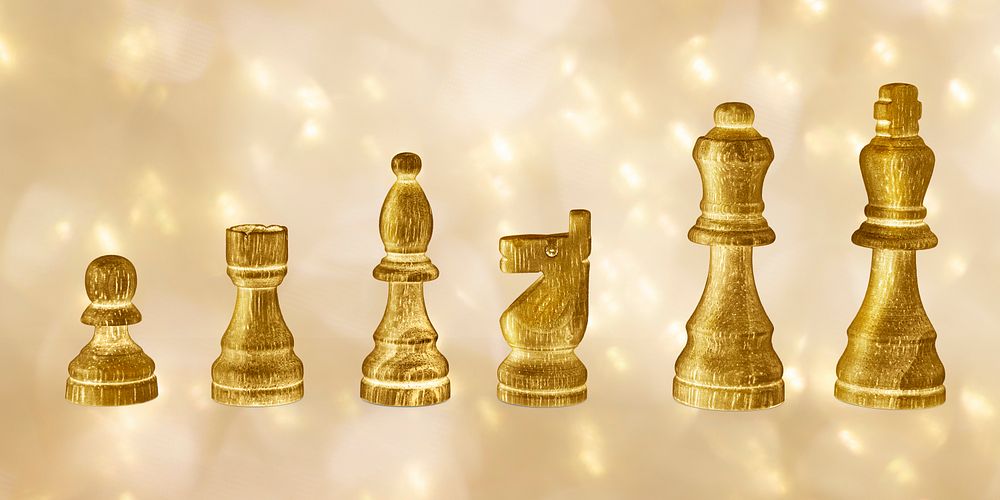 Gold chess pieces mockup on a yellow background