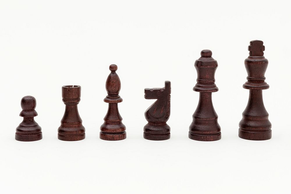 Dark wood chess pieces on a white background