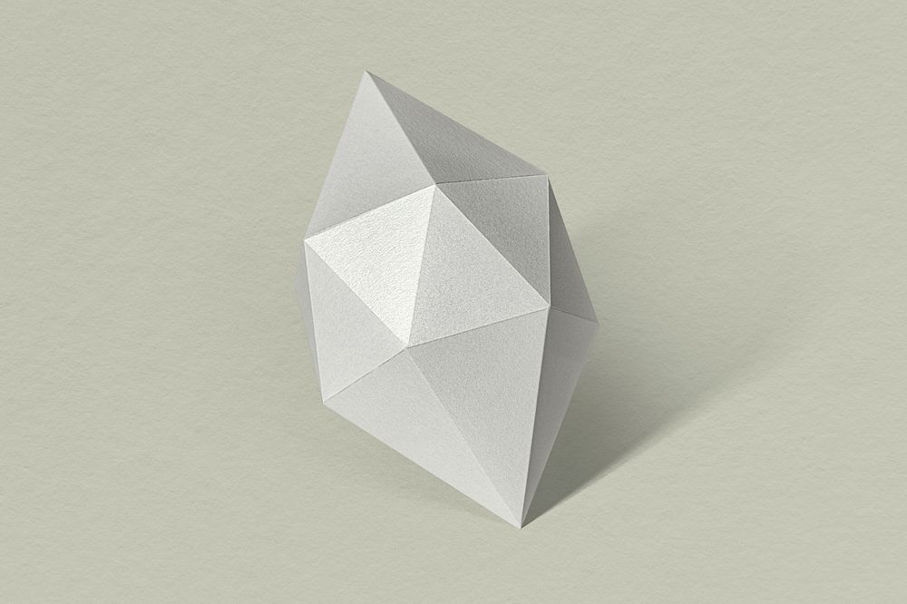 3D silver octahedral polyhedron shaped paper craft on a sage green background