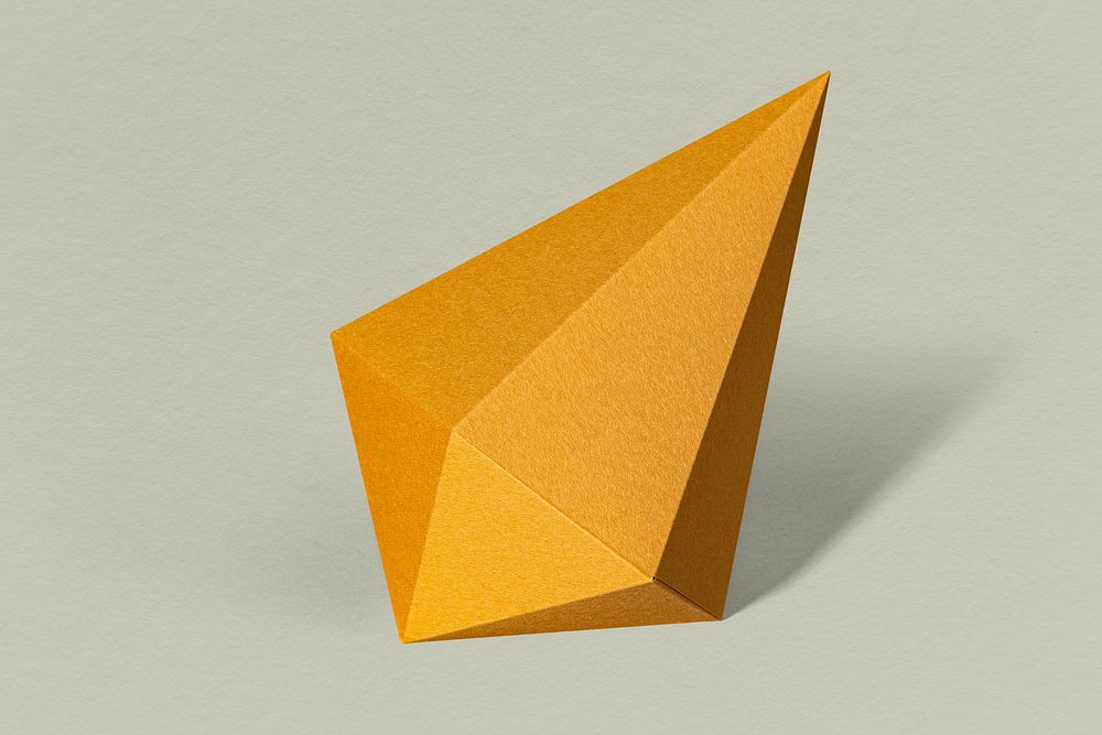 3D golden asymmetric hexagonal bipyramid paper craft on a sage green background