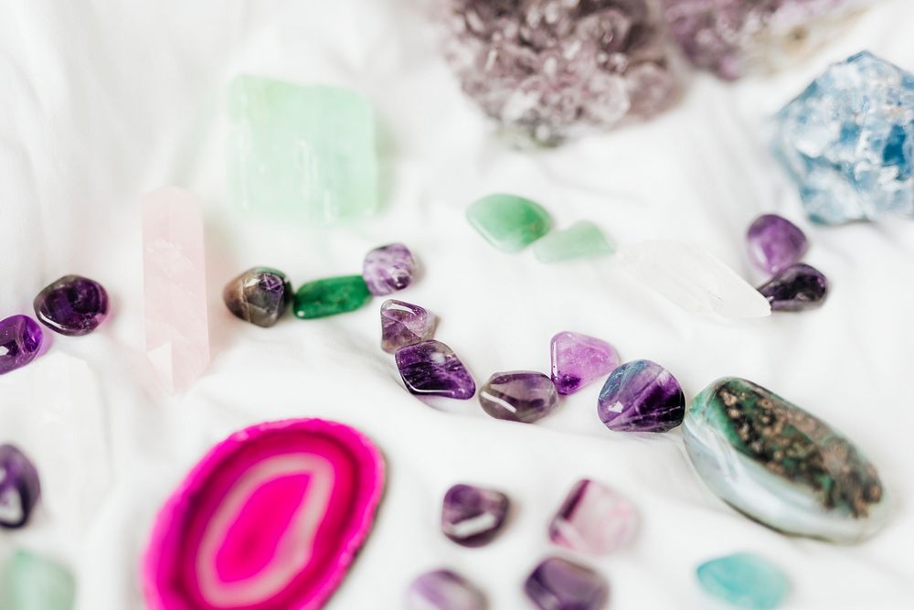 Colorful healing crystals on a blanket
