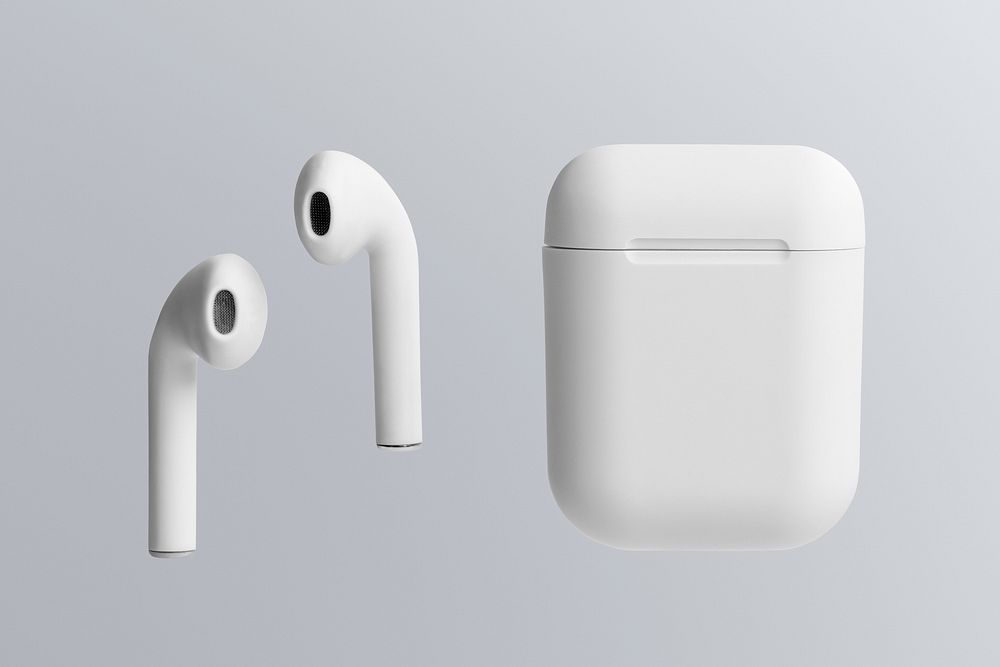 White wireless earbuds case mockup psd digital earphones
