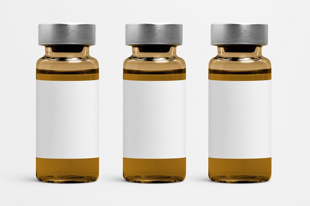 Blank white label on amber injection vial glass bottle 