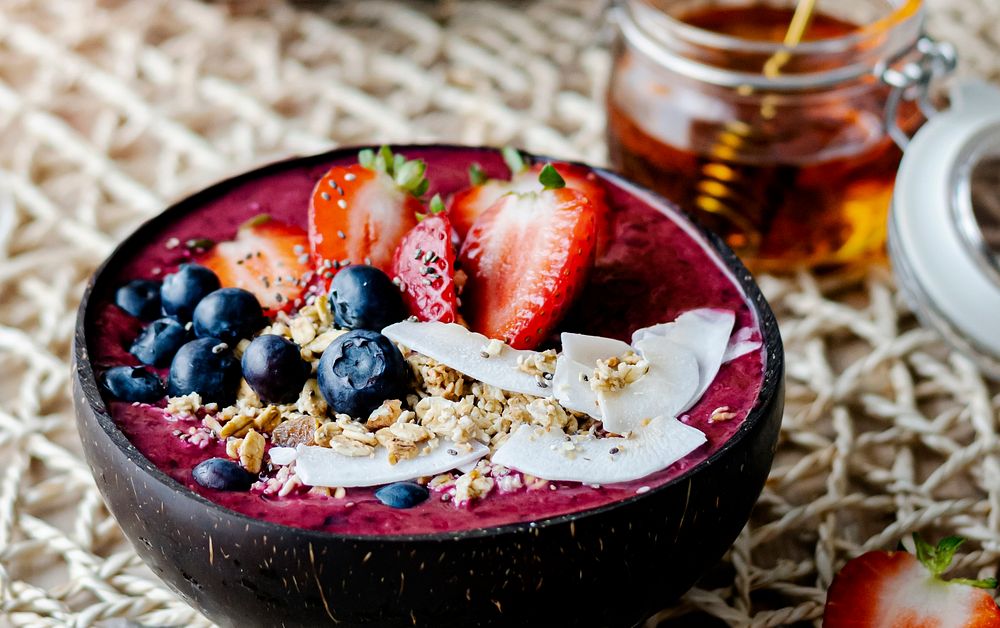 Acai in coconut shell healthy meal for summer vibes