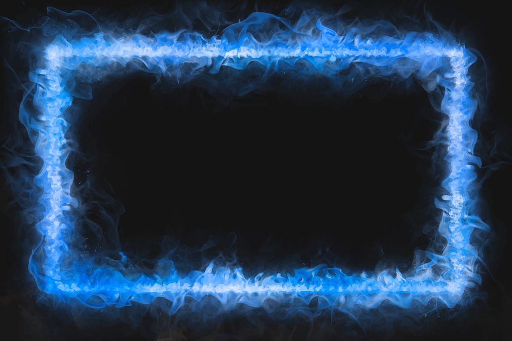 Flame frame, blue rectangle shape, realistic burning fire vector