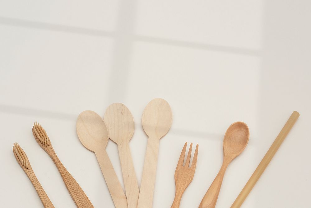Brown wooden utensils objects set  