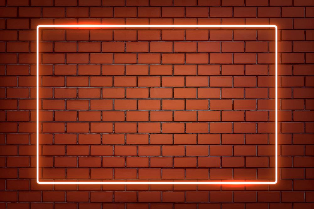 Rectangle orange neon frame on an orange brick wall vector
