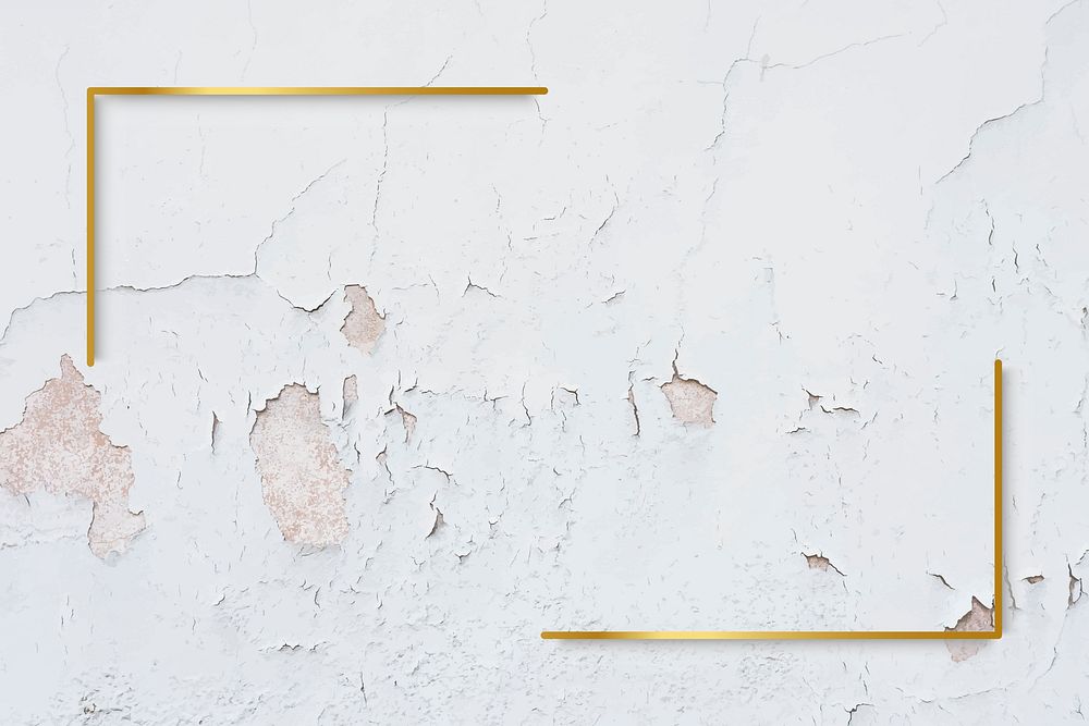 Rectangle gold frame on weathered white paint textured background vector
