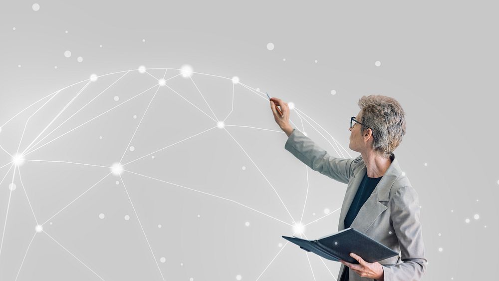 Blonde aged woman having a presentation mockup
