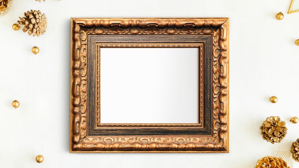 Luxurious gold frame mockup with Christmas decorations