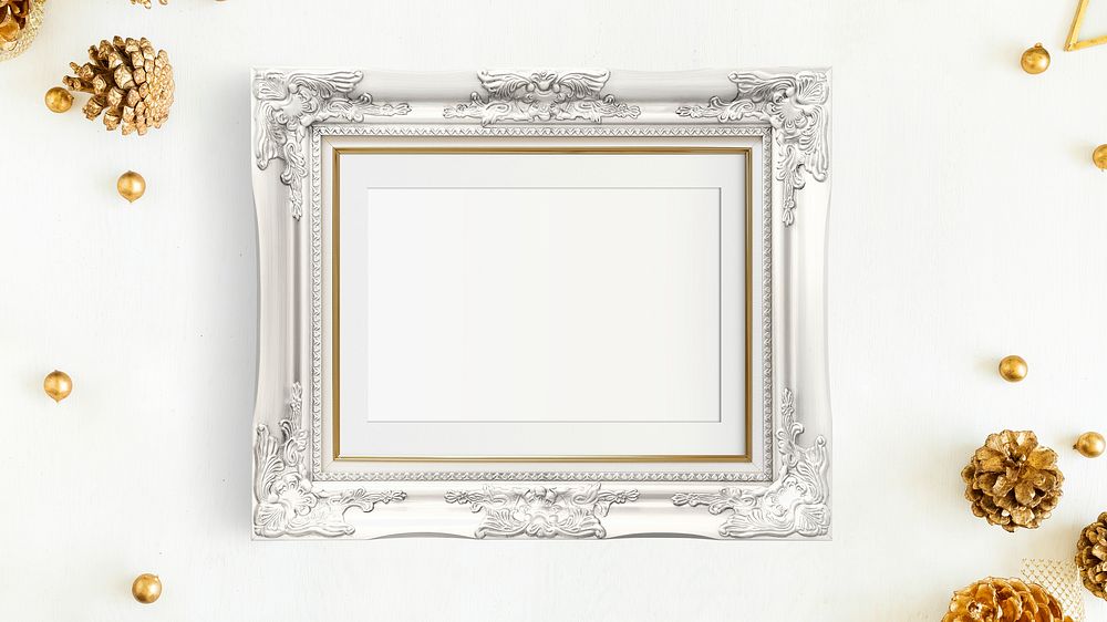 Luxurious silver frame mockup with Christmas decorations