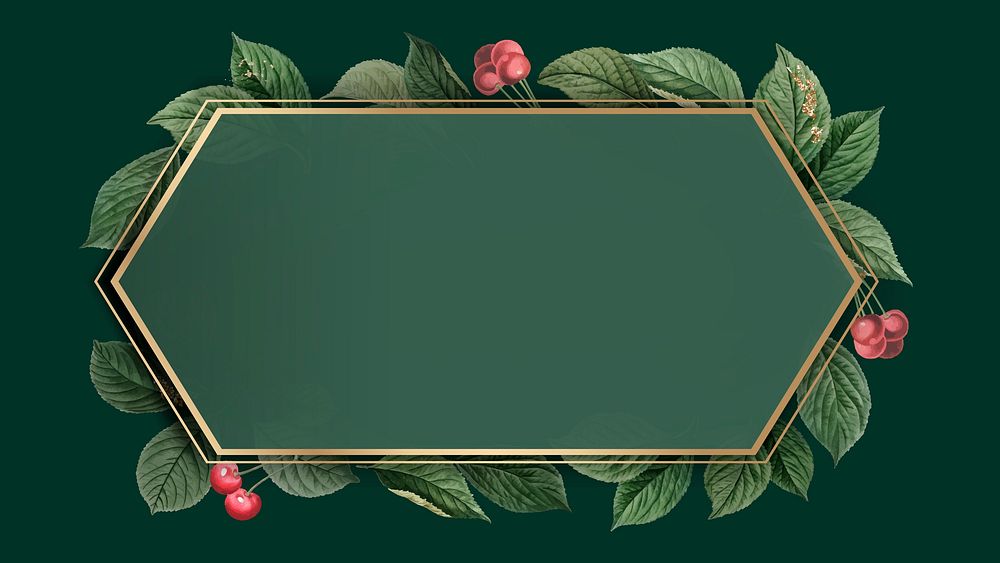Cherry leaves with hexagon gold frame on green background vector