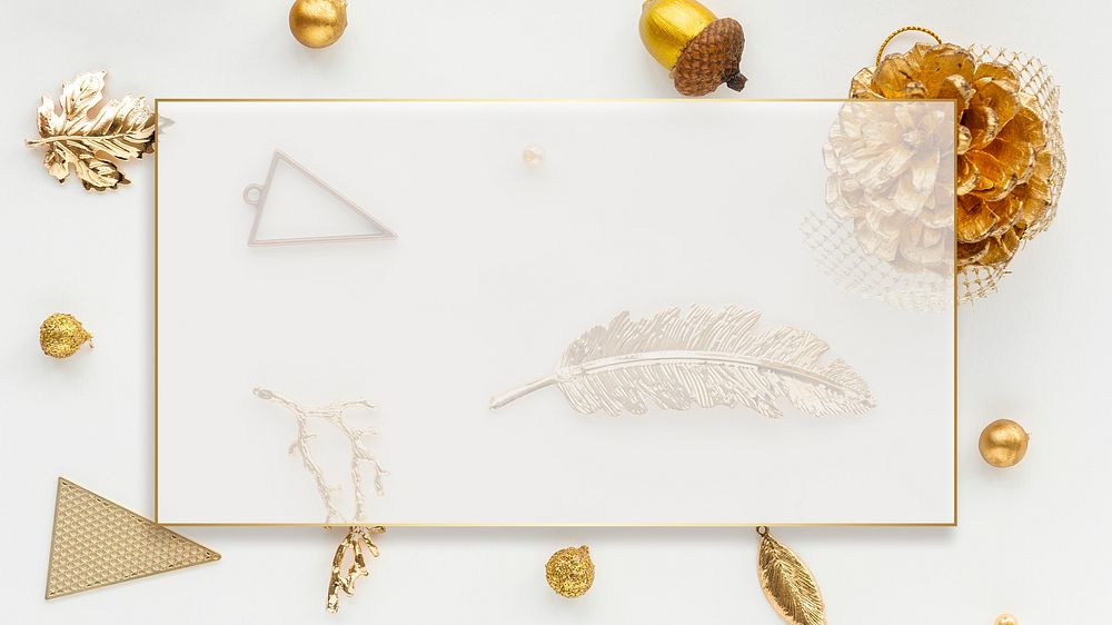 Rectangle gold frame with Christmas ornaments social template mockup
