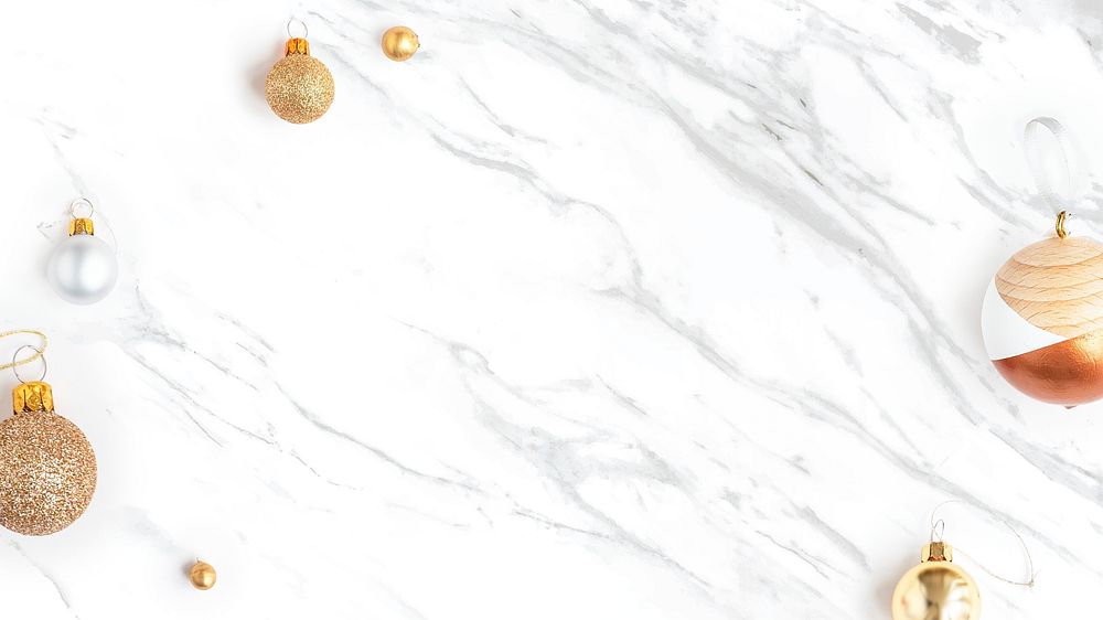 Bronze baubles on white marble social template
