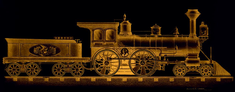 Gold railroad engine vintage illustration vector, remix from original artwork.