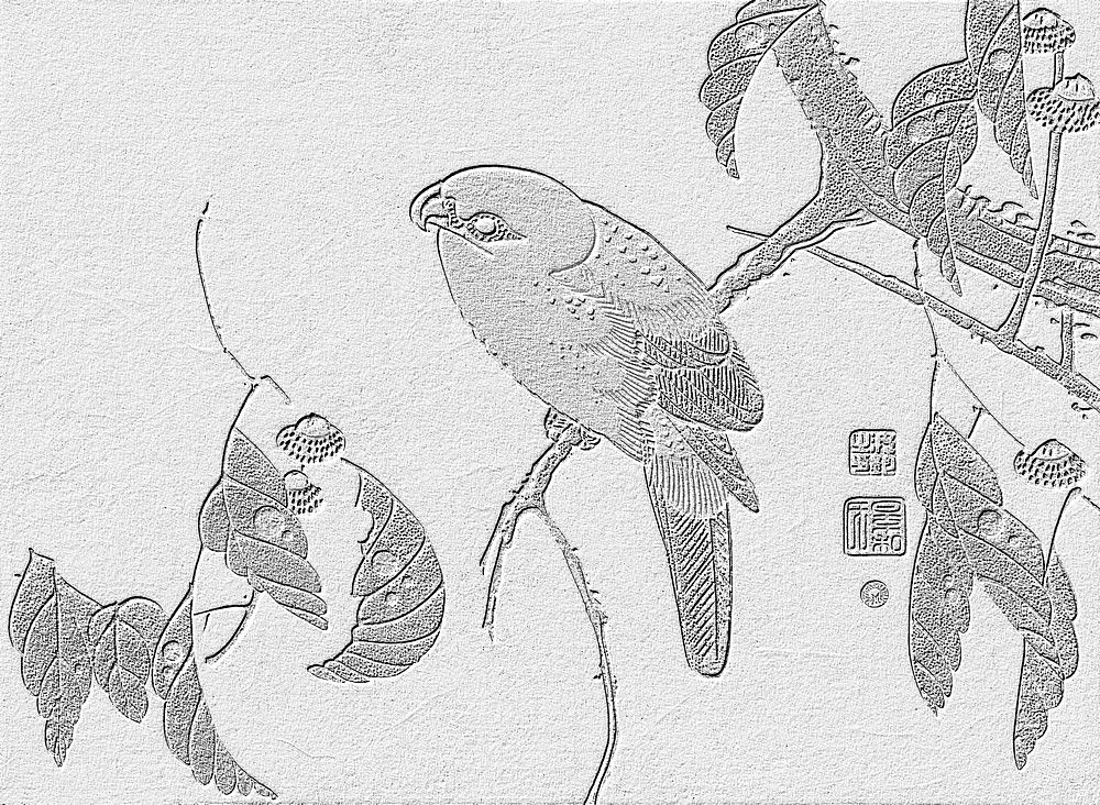 Parrot on a tree branch monochrome vintage wall art print poster design remix from original artwork by Ito Jakuchu.