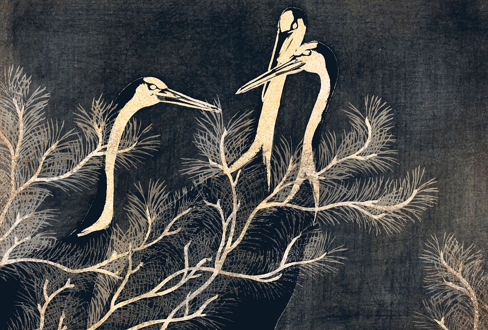 Red-crowned crane vintage illustration vector, remix from original painting by Kamisaka Sekka.