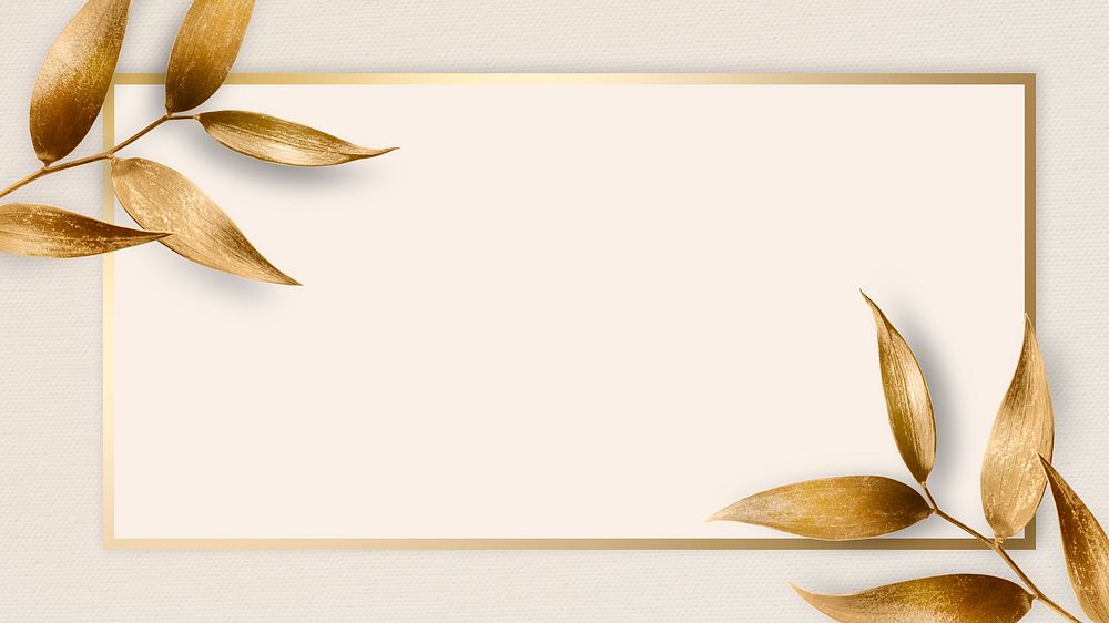 Golden olive leaves with rectangle frame on beige background